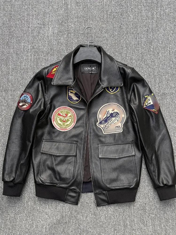 

Кожаная куртка G1 Air Force Flight Suit, первый слой из воловьей кожи, мужская, с вышитыми нашивками, с отложным воротником, мотоциклетная.