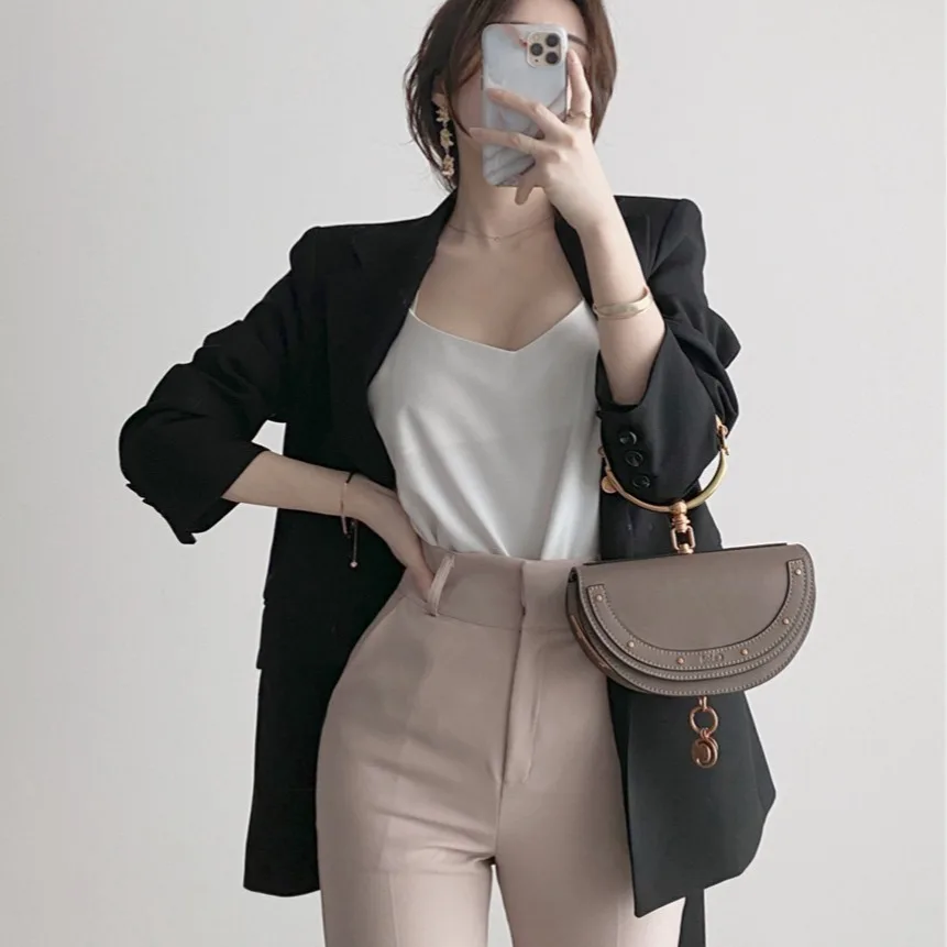 Loose Fit Casual British Style Women's Suit Korean Version Quality Long Sleeve Polyester Fiber Office Commute Style Coat