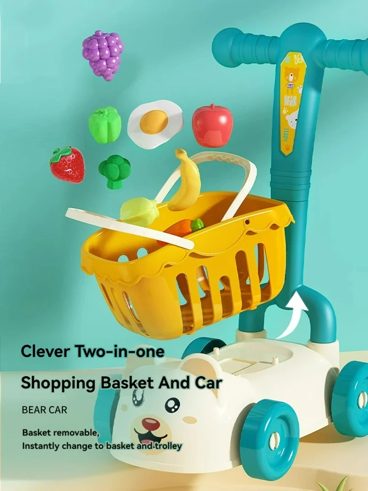 Kids Shopping Cart Trolley Play Set With Food Fruit Vegetables Accessories Play House Educational Toy Simulation Gifts for Girls