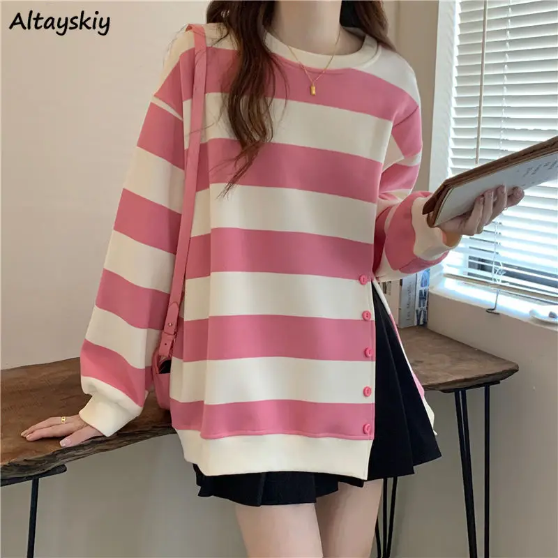 

Autumn Pullover Women Korean Style Striped Pink All-match Streetwear Sweet Side-slit Fashion New Designed O-neck Button Fly