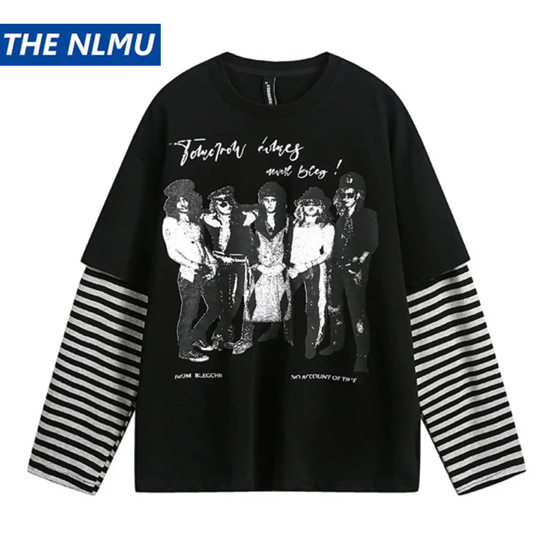 2026 New Long Sleeve T-Shirt for Men and Women Fake Two-Piece Design T Shirt Oversized Unisex Striped Tops Tees Y2K