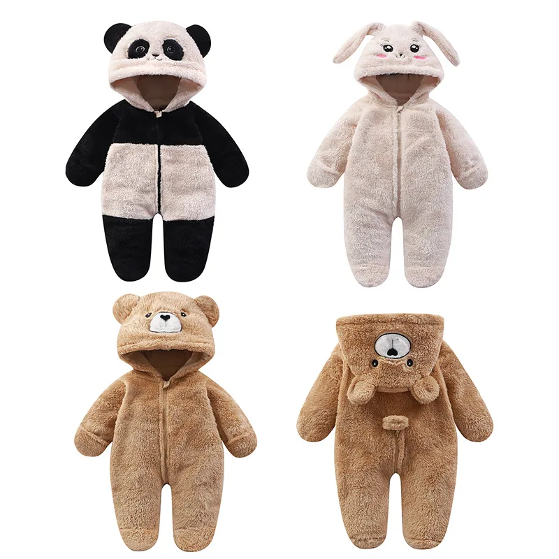 Winter Newborn Baby Fleece Romper Hooded Jumpsuit Animal Panda Bear Bunny Bodysuit Snowsuit Infant Sleepwear Outfits Boys Girls