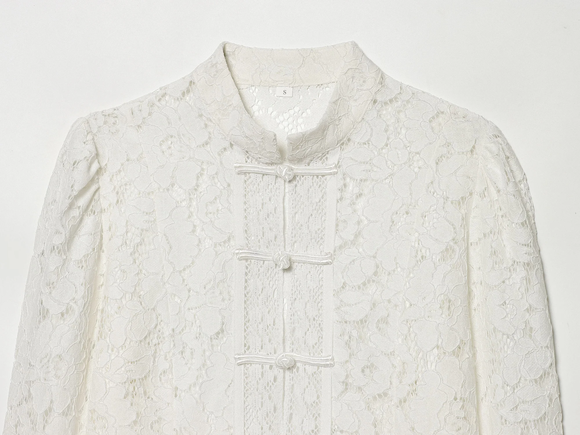 Chemisier Jacquard ajouré à manches longues pour femmes, chemise à col Mandarin, hauts à boutons grenouille