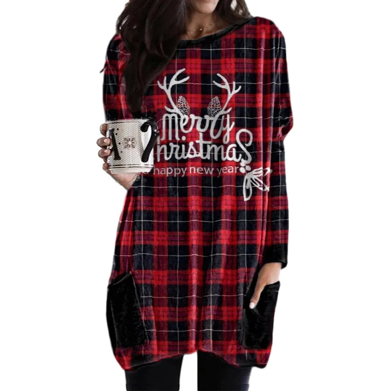 

Long Sleeve Christmas Elk Pullover Robe Winter Elegant Mid Pocket Dress Top 2022 Woman Casual Print Plaid Dresses Fashion Autumn