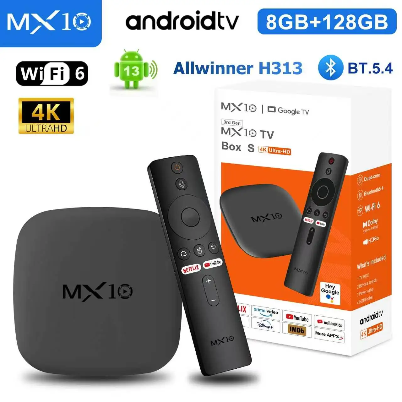 Android 13 Smart TV Box MX10 M1 Allwinner H313 8GB 128GB WiFi6 BT5.4 4K60 Video Player Support 70 Languages Voice Remote