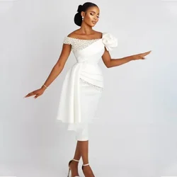 Flavinke, vestidos de novia cortos personalizados con hombros descubiertos, vestido de novia con perlas para novia, vestidos de novia drapeados hasta el té