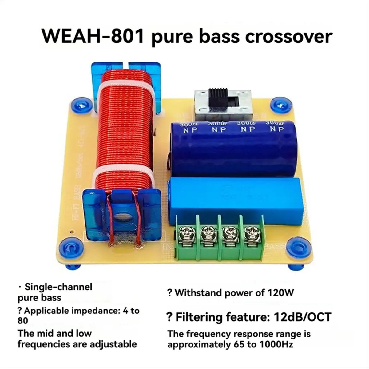Y60A NEW-1-Way Speaker Audio Frequency Divider 65-1000Hz 120W HiFi Crossover Filter Module Home Theater Audio Modification