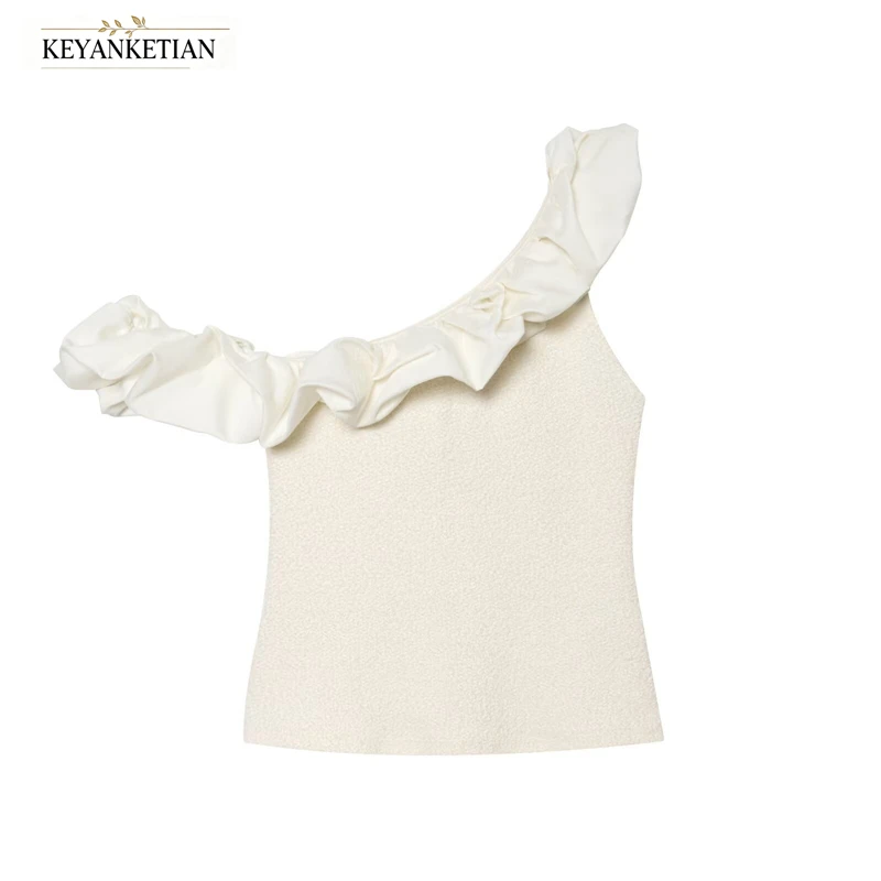KEYANKETIAN Cream Textured Tweed One Shoulder Top Satin Ruffle Flounce Trim Slim Fitted Waist Elegant Off Shoulder Crop Blouse