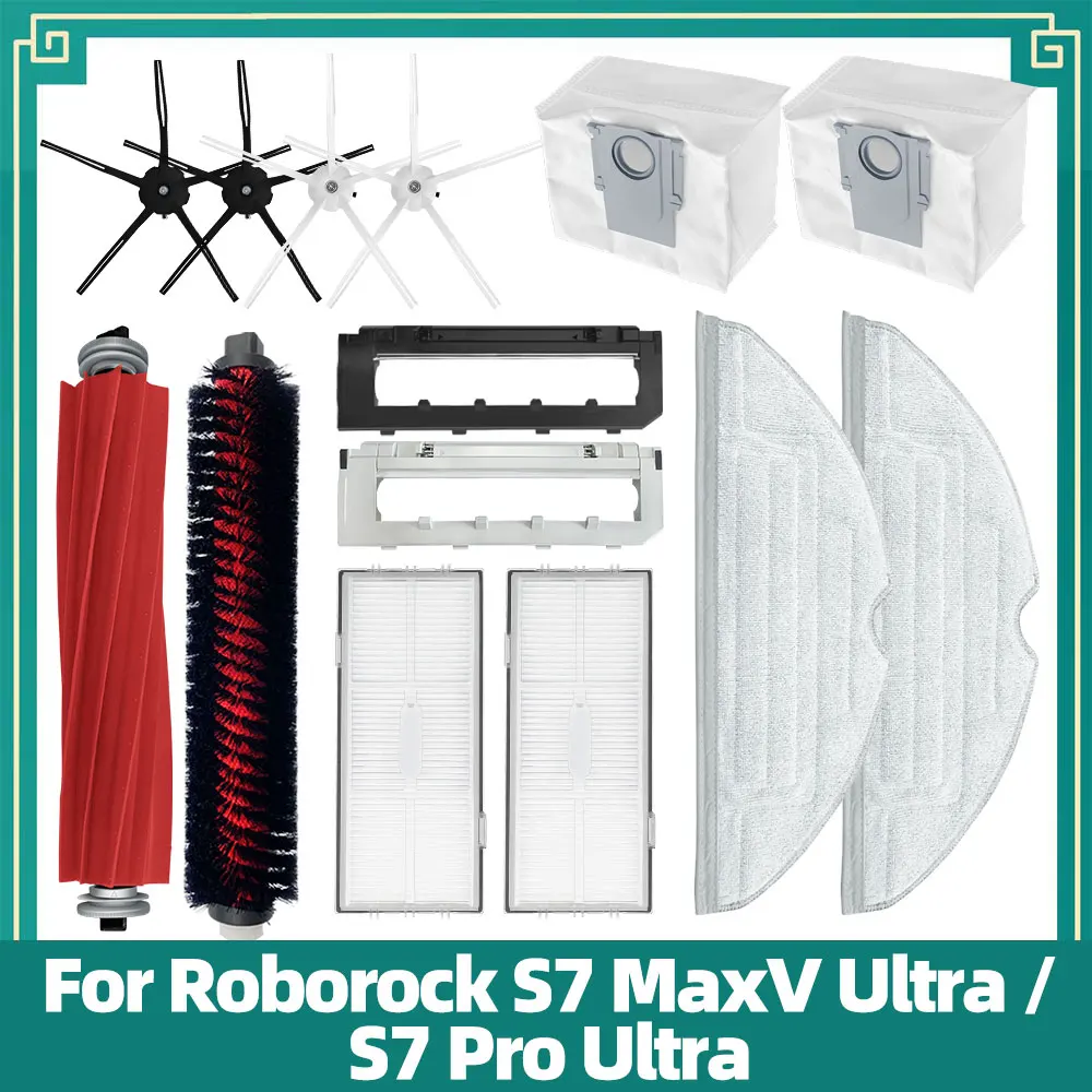 Adequado para Roborock S7 MaxV Ultra / S7 Pro Ultra, Peças Sobressalentes: Escova Principal e Lateral, Pano de Mopa, Filtro HEPA, Saco de Pó, Escova de Rolagem de Limpeza, Acessórios