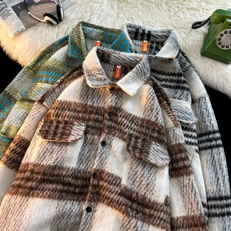 

Casual Plaid Woolen Jacket Men's Winter Loose Turn-down Collar Long-sleeved Thick Shirt Fashion Male Clothes