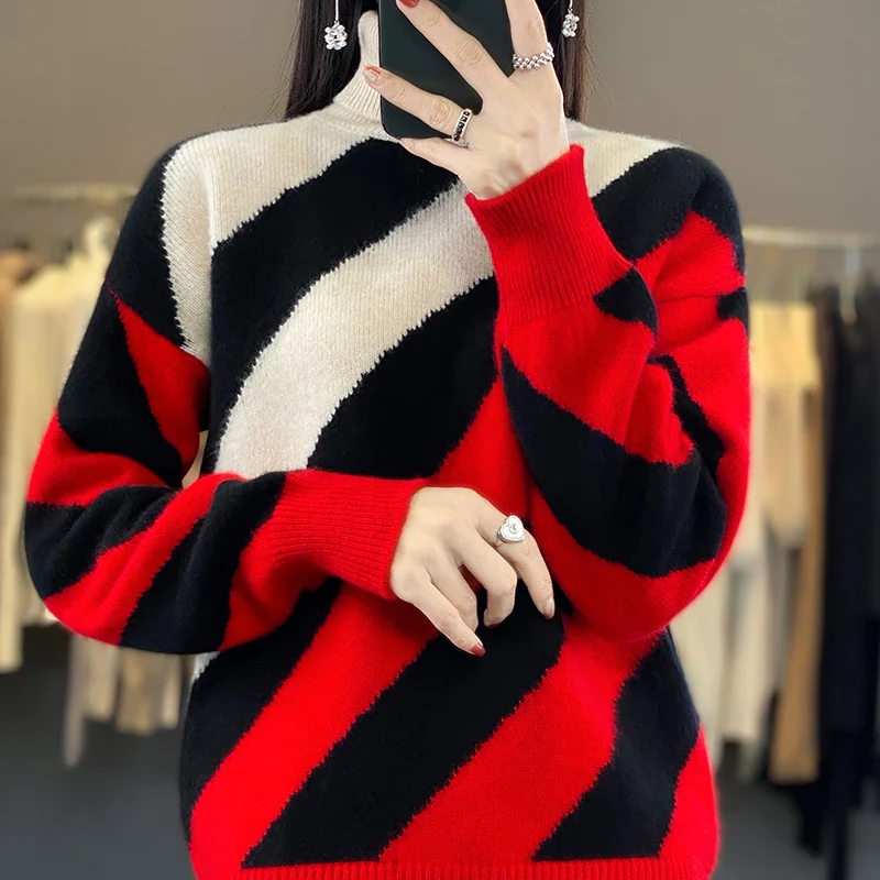 BELIARST 2023 Women's Clothes 100% Merino Wool High Neck Color Blocking Thickened Sweater Knitting Pullover Top Casual M-8154