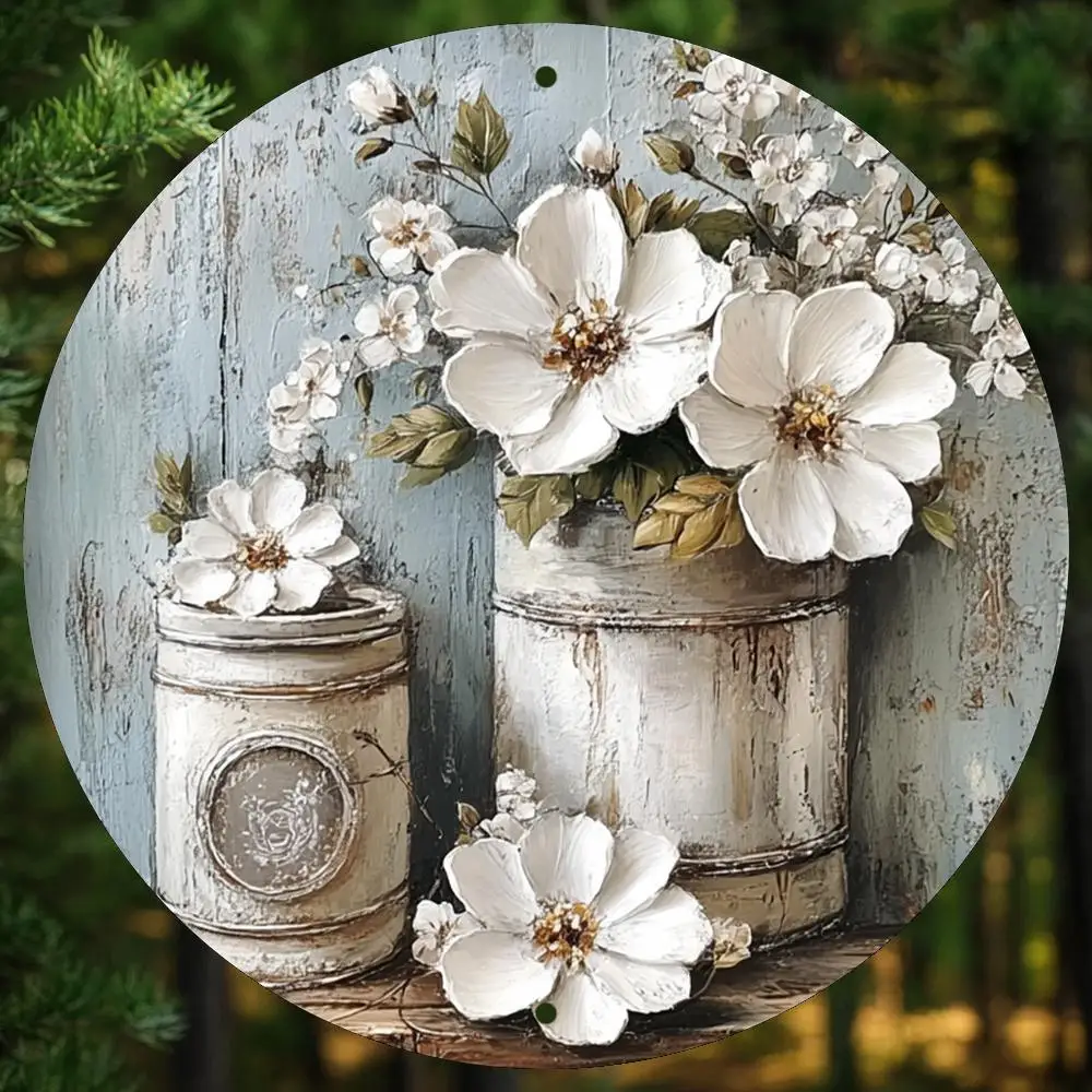 لافتة فنية جدارية من الألومنيوم مستديرة من الألومنيوم مكونة من قطعتين مسطحة ثنائية الأبعاد - برطمانات ميسون ريفية عتيقة مع زهور وخضراء، مقاس 8 × 8 بوصة متينة #1
