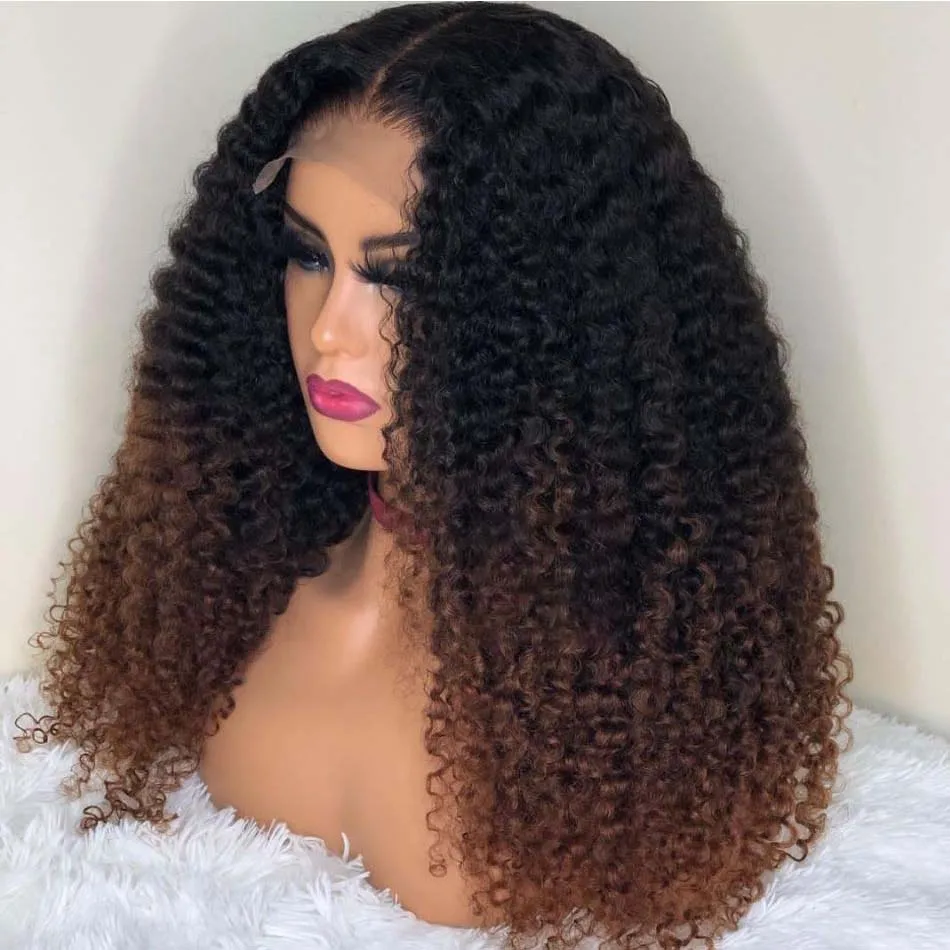 Glueless Long Women's 26 Inch 180 Density Ombre Brown Color Kinky Curly Lace Front Wig Soft Preplucked with Baby Hair Synthetic
