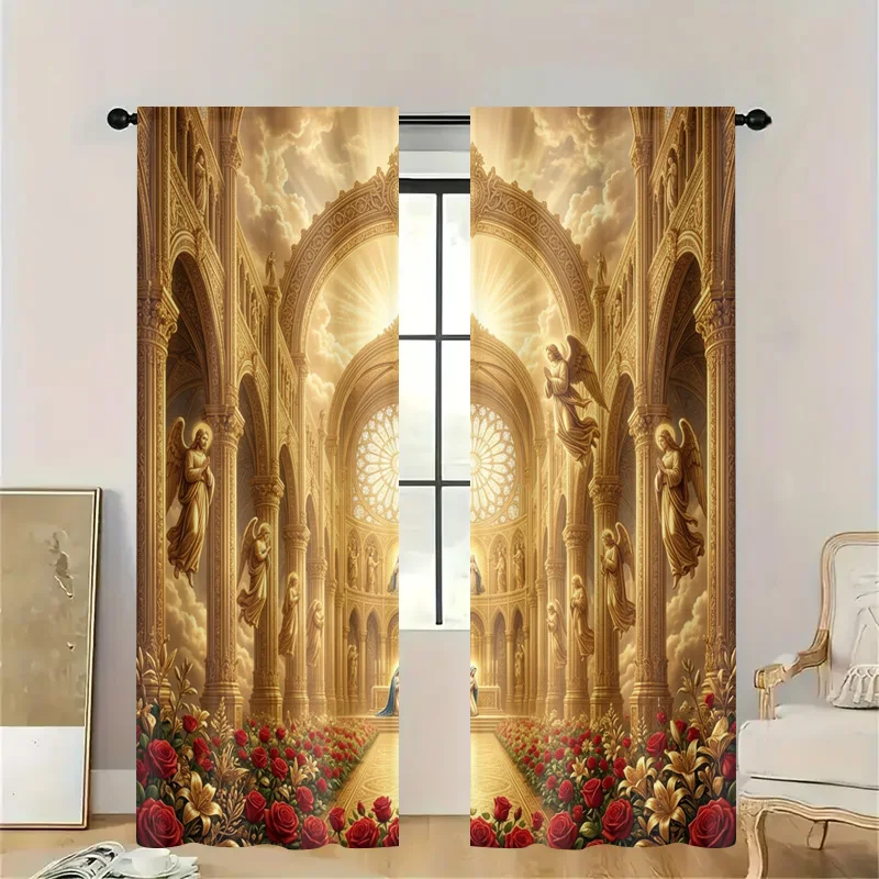 Luxurious Classical Archway Garden Curtain Semi-Sheer Floral Rose Angel Window Drapes Translucent Room Decor for Home Living Roo