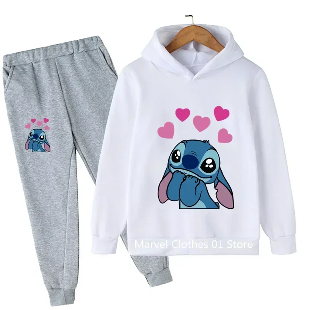 

3-12 Years Old Girls Lilo Stitch Hoodies Sets Kids Boys Autumn Spring Long Sleeve Sweatshirts Trousers 2pcs Costume Outfits