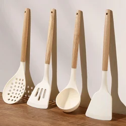 5-piece High Temperature Resistant Silicone Wooden Handle Spatula Set Kitchen White Spoon Non-stick Silicone Cooking Spatula