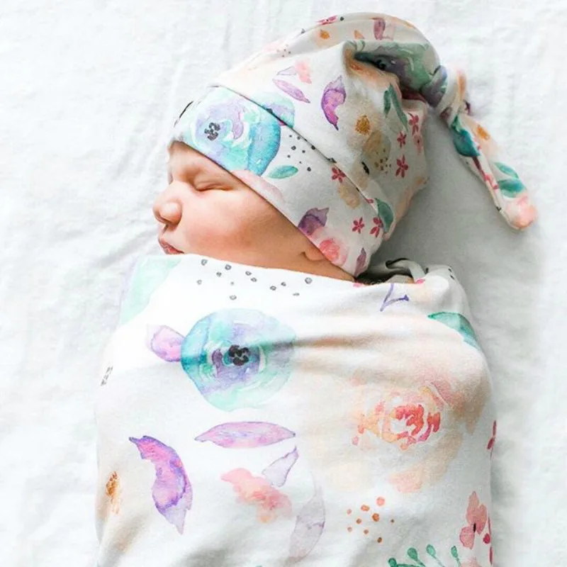 Newborn Swaddle Wrap + Hat Cotton Baby Receiving Blanket Bedding Cartoon Cute Infant Sleeping Bag for 0-6 Months