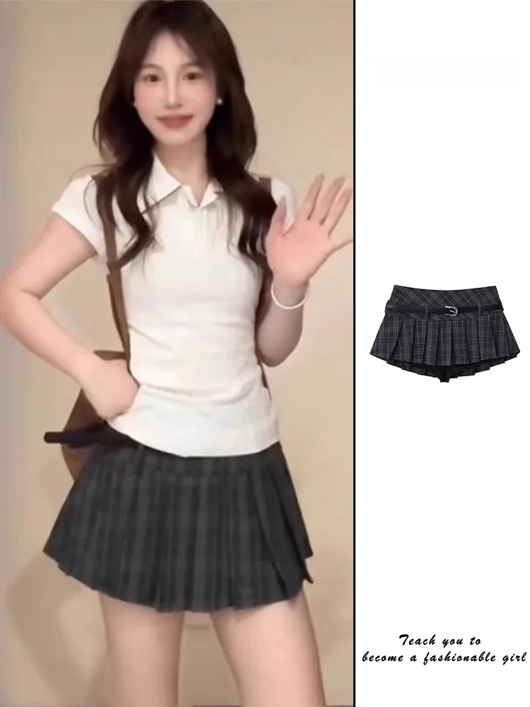 

Корейская женская летняя плиссированная юбка А-силуэта с высокой талией в клетку, укороченная, предотвращающая просвечивание, для модниц