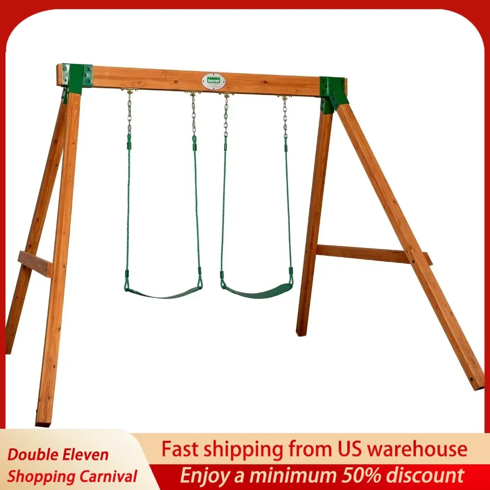 2 Belt Swings Furnitures All Cedar Classic Swing Set Outdoor Swing Garden Adults Steel Corner Supports Ages 3-10 Easy Assembly