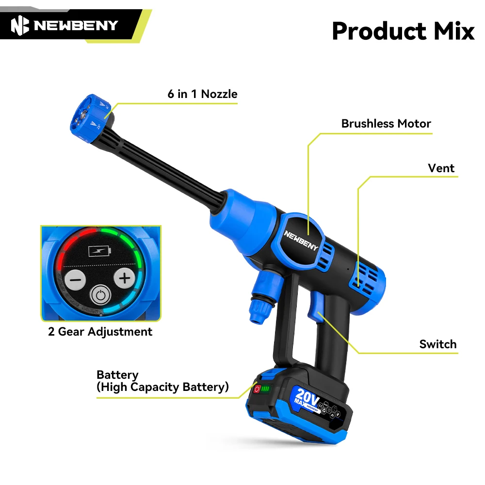 NEWBENY 200Bar 6 IN 1 Brushless Electric High Pressure Washer Cordless Car Garden Washing Power Tools For Makita 18V Battery