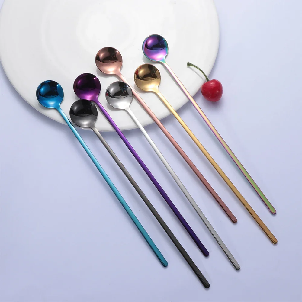 Rainbow Color Coffee Tea Stir Spoon Long Handle Ice Cream Dessert Spoons Eco-Friendly Stainless Steel Tableware Kitchen Supplies