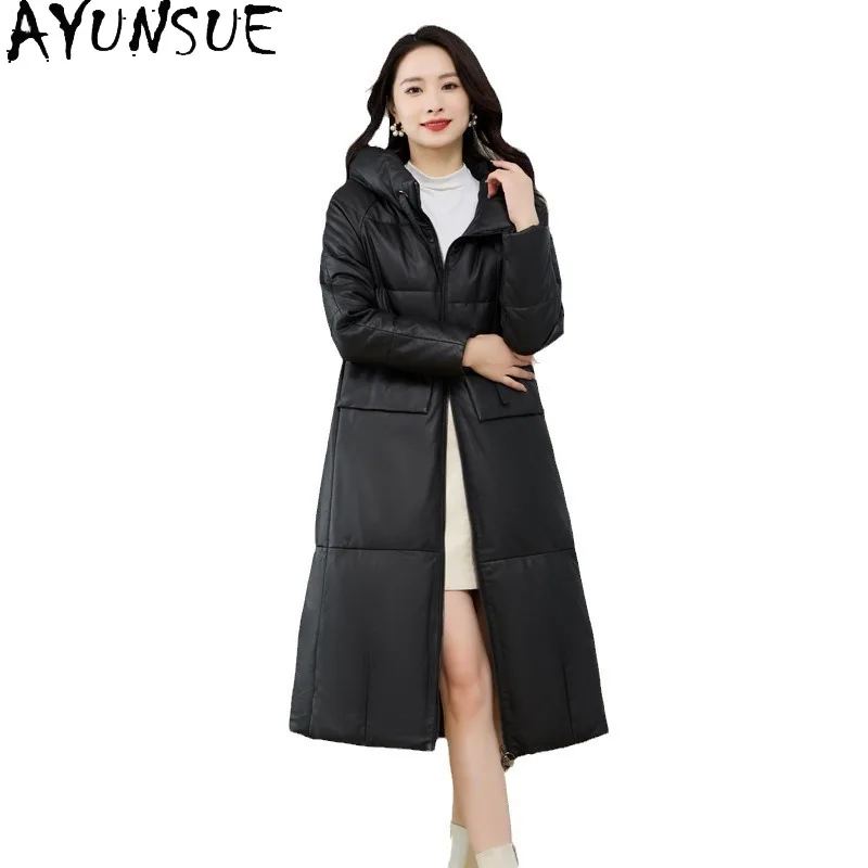 AYUNSUE véritable peau de mouton en cuir véritable doudoune femmes vêtements d'hiver nouveau dans Ouerwears 2025 Long blanc canard vers le bas manteau à capuche
