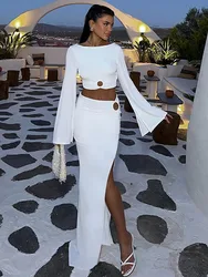 Mozision Hollow Out Sexy Two Piece Sets Women Backless Long Sleeve T-shirt And Maxi Skirt Matching Sets Sexy Split Skirt Set