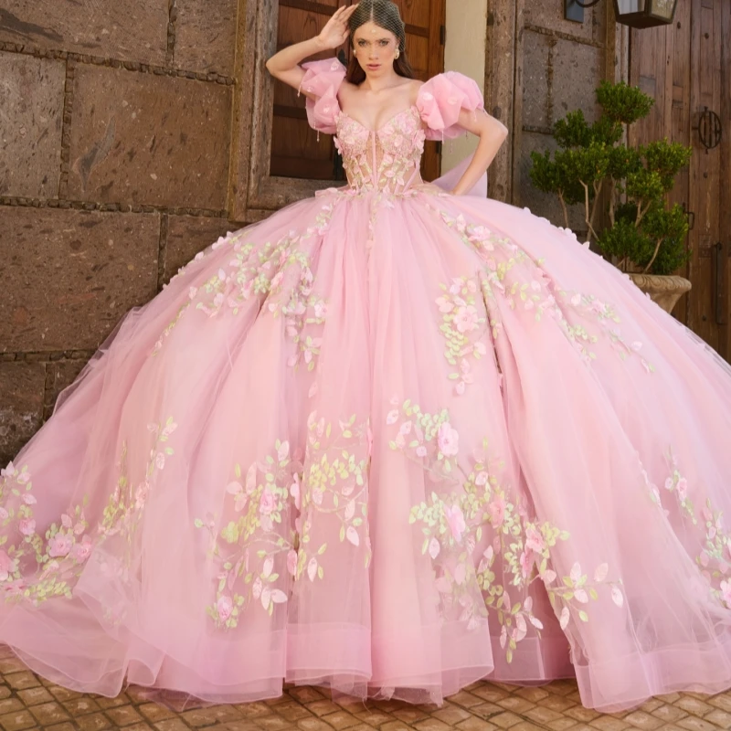 

Pink Quinceanera Dresses Off The Shoulder Applique Flower Beading Crystal Bow Tull Party Birthday Sweet 16 Dress Vestidos De 15