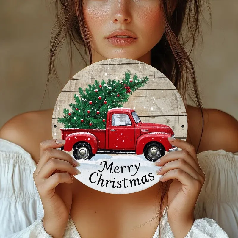 [2D شقة] 1 قطعة شاحنة حمراء عتيقة إكليل عيد الميلاد علامة معدنية-جولة 2D الحديد المسطح آرت ديكو ، عطلة احتفالية الجدار والباب شنقا f