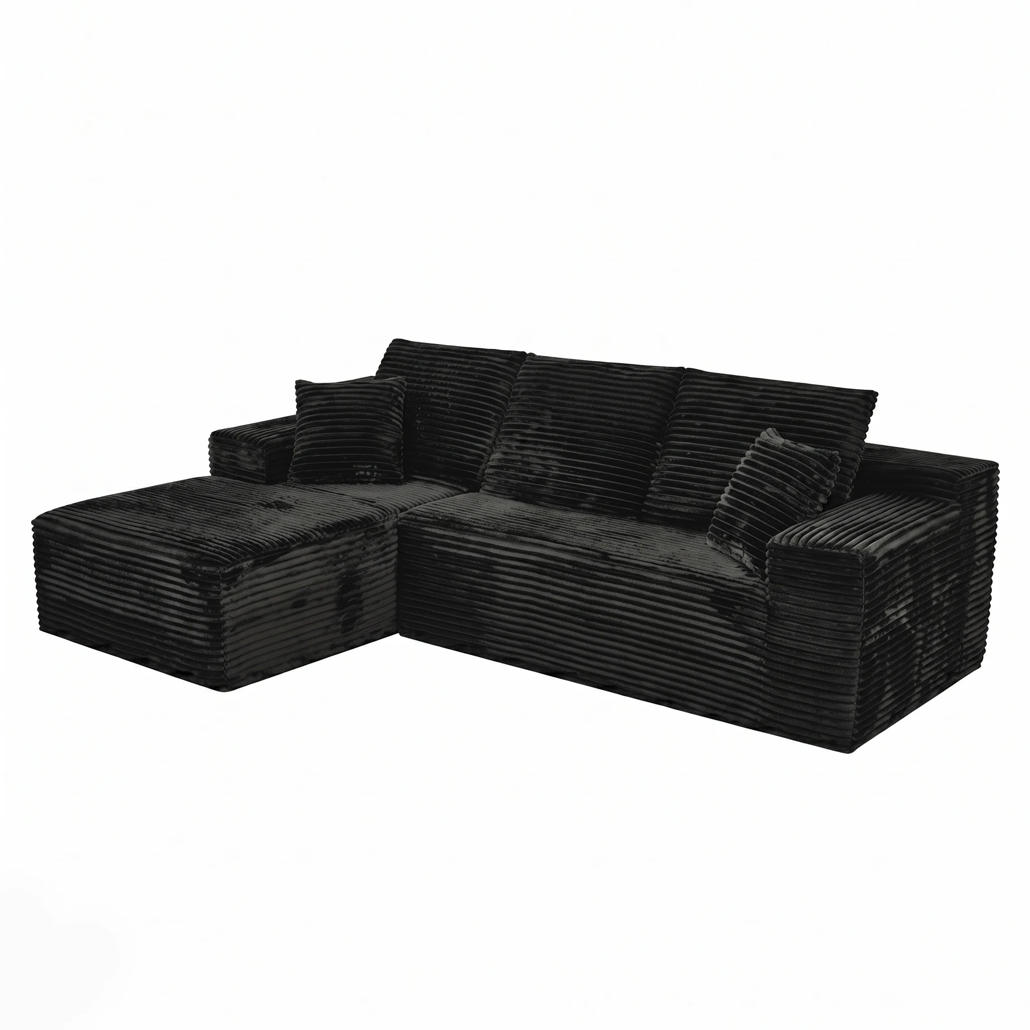 107 Inch L-Shaped Modular Sofa with Recliner and Chaise, Plush Corduroy Cloud Couch Sleeper, No Assembly Deep Seat Sectional for Living Room Apartment, Black