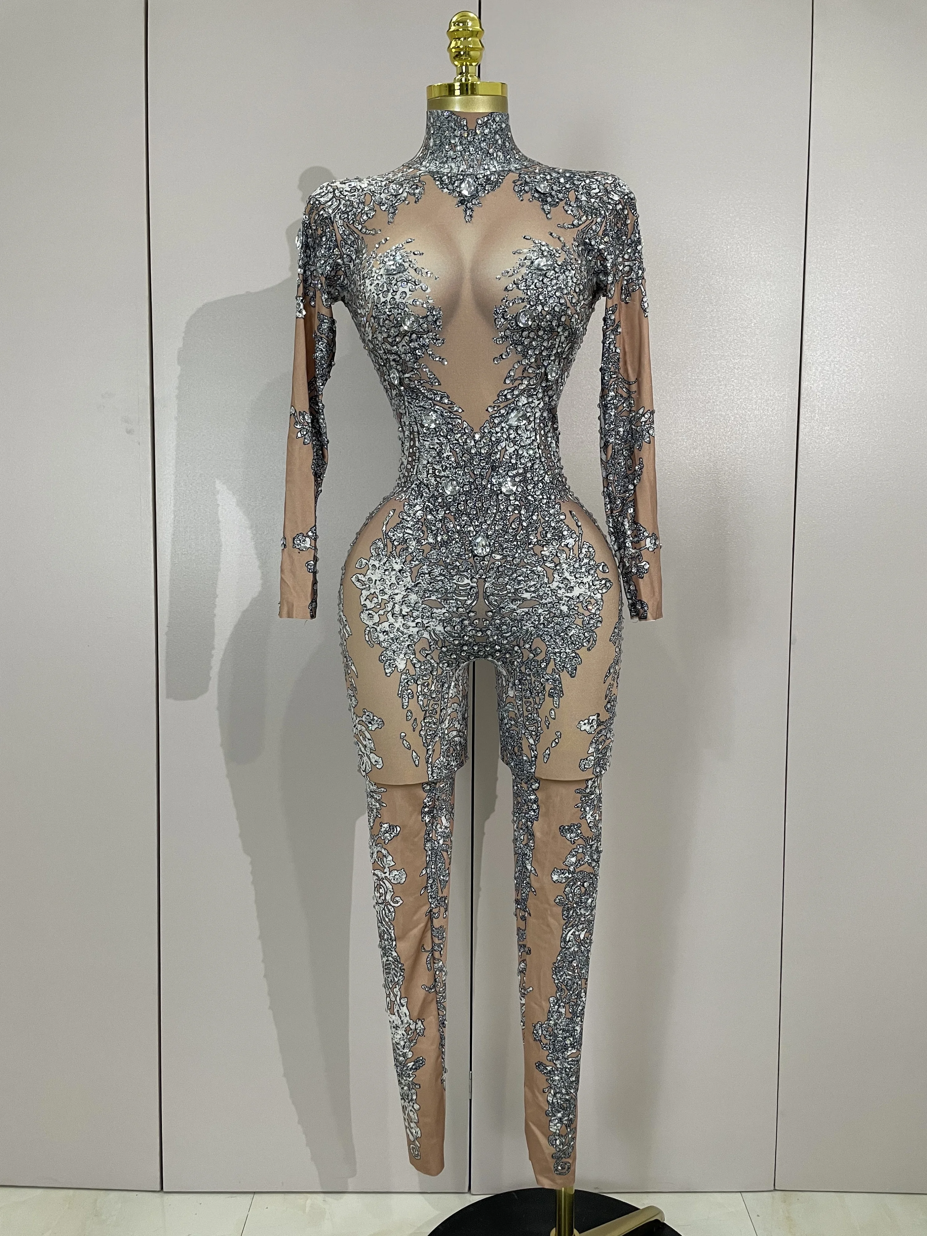 Sexy Stage Costumes Luxury Sparkly Diamonds Print Long Sleeves Stretch Jumpsuit Evning Party Dancer Nightclub Performance Wear