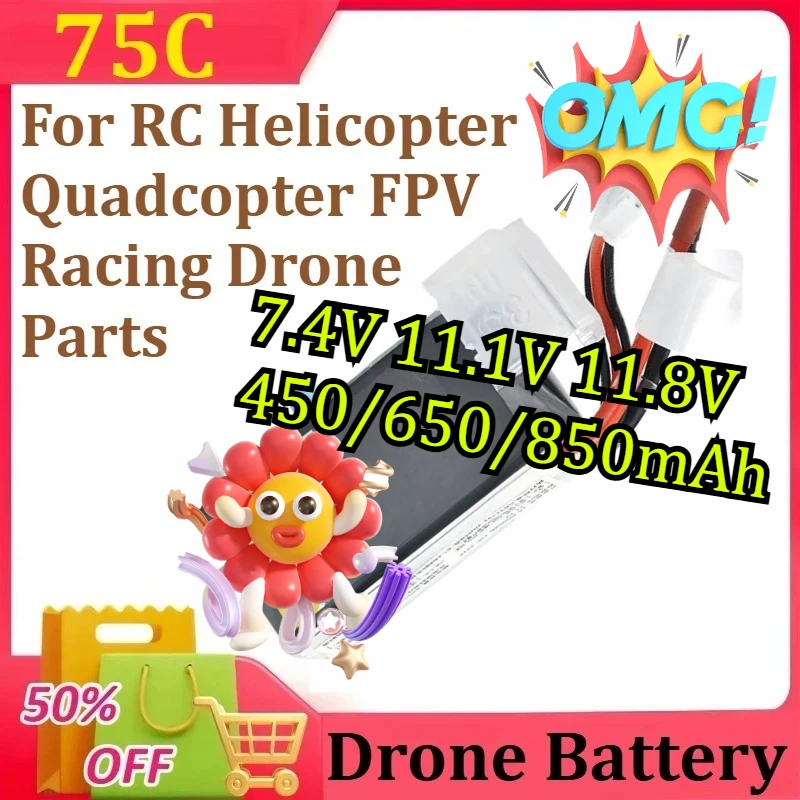

75C Lipo Battery For RC Helicopter Quadcopter FPV Racing Drone Parts With XT30 2S 3S 4S Rechargeable Battery 7.4V 450/650/850mAh