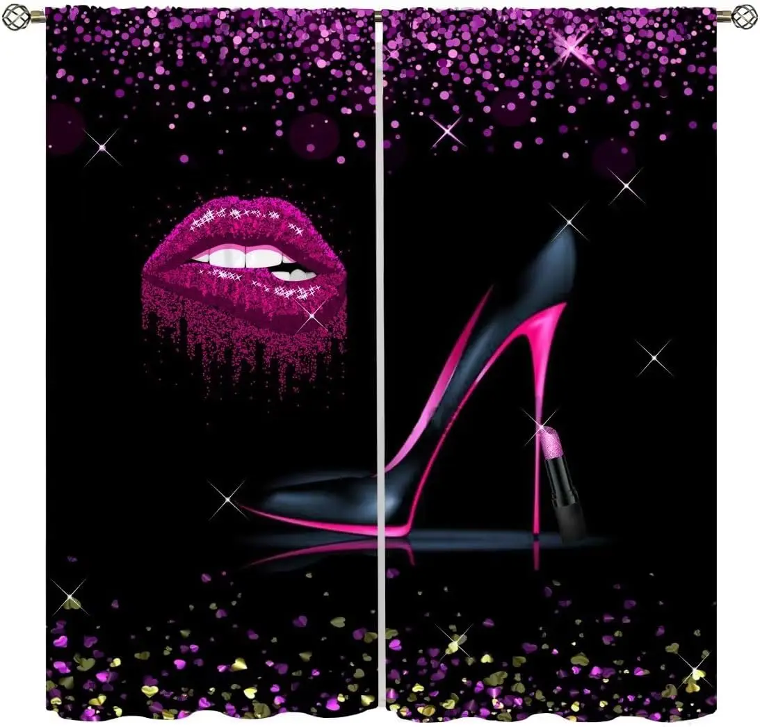 

Шторы для спальни девочек, черно-розовые, с принтом в виде блестящих туфель на высоком каблуке, для гостиной, на День святого Валентина