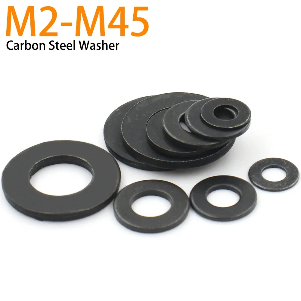 1-100pcs M2 M2.5 M3 M4 M5 M6 M8 M10 M12 M14 M16 M18 M20 M22-M45 Grade 8.8 Black Carbon Steel Flat Washer Plain Gasket DIN125