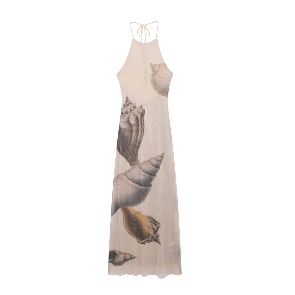 

Trendy 2024 New Womens Floral Print Dress Long Sleeve Halter Neck Tie Backless Maxi Dress with Long Dress Autumn Fashion