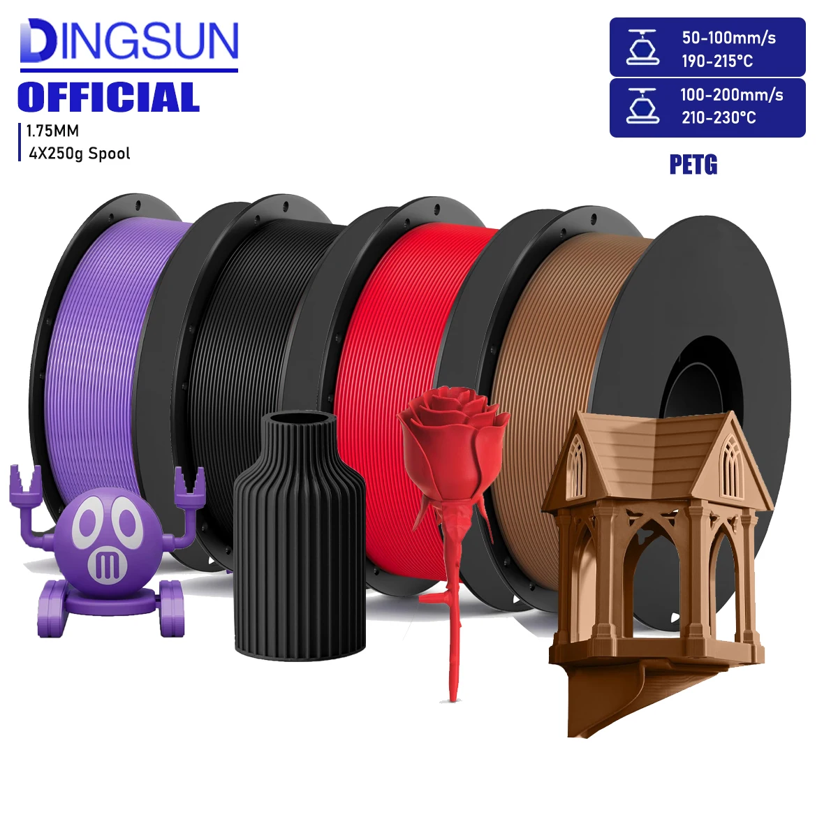 

PETG Filament 1.75mm, 3D Printer Filament, Dimensional Accuracy +/- 0.02mm, Exceptional Toughness, 250g/500g/1KG Spool