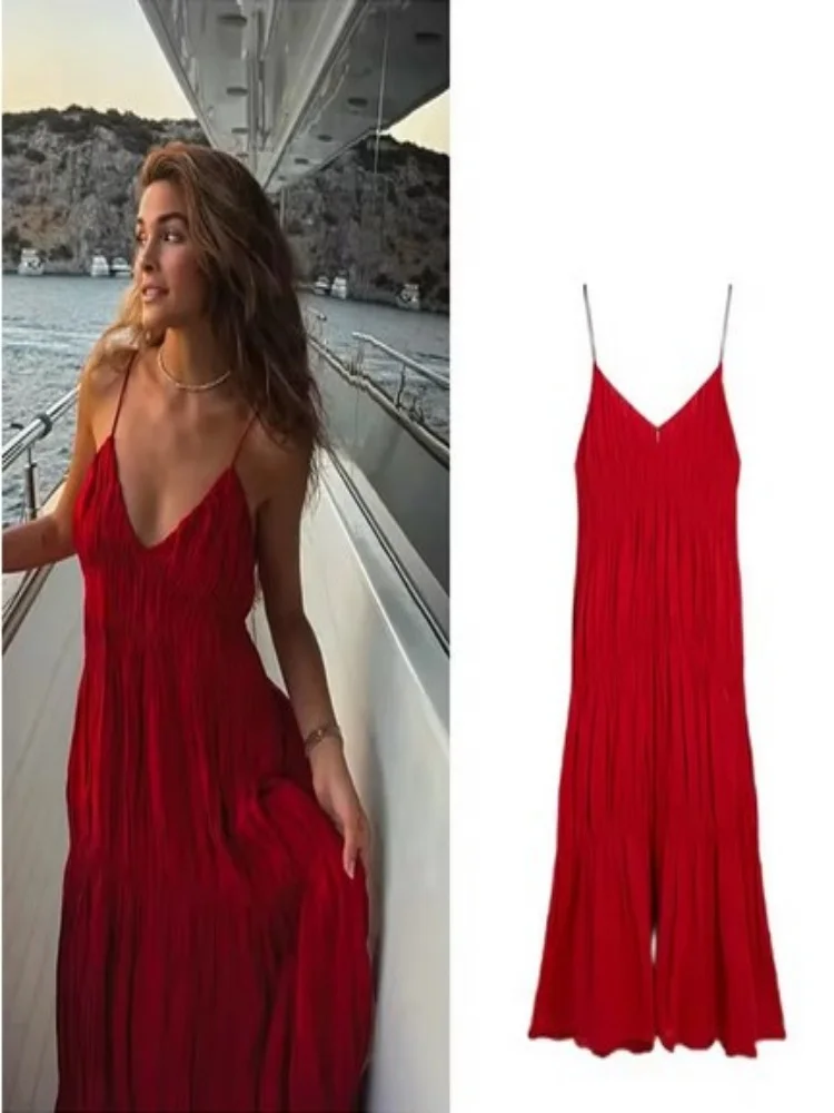 Sexy Rüschen rückenfreie lange Schlinge Kleid Frauen V-Ausschnitt ärmellose weibliche Strandkleider 2025, Sommer Dame solide Urlaub Roben neu