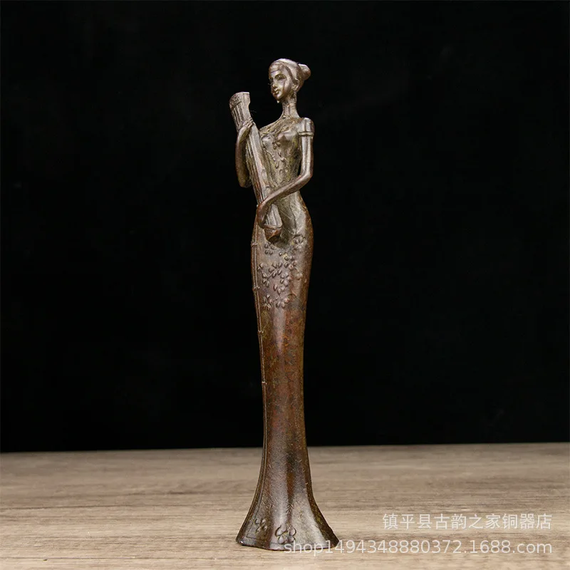 Vintage Brass Classical Harp Beauty Figure Craft Ornament for Office Home Living Room Store Display