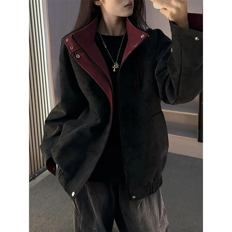 Retro Contrasting Leather Jacket Men's Autumn New Stand-up Collar Design Button Jacket Trendy Brand Waterproof Leather Jacket