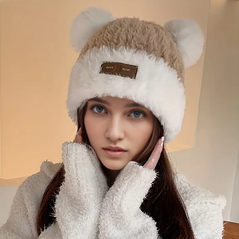 Cute Panda Ears Plush Knitted Hat for Women Autumn and Winter New Student Ear Protection Hat Thickened Warm Woolen Hat