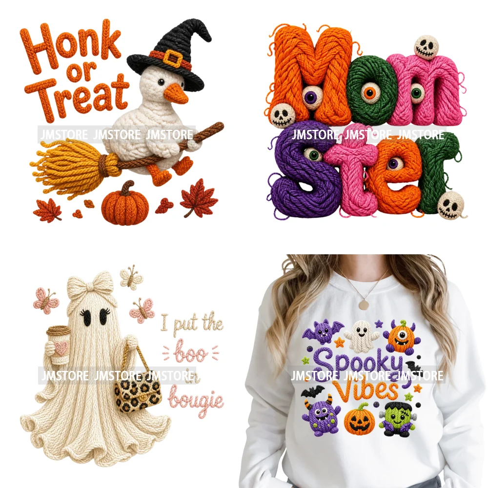 Faux Knit Yarn Bow Spooky Season Boo Halloween Iron on Washable DTF Heat Transfers Stickers Printing Ready to Press for Clothing