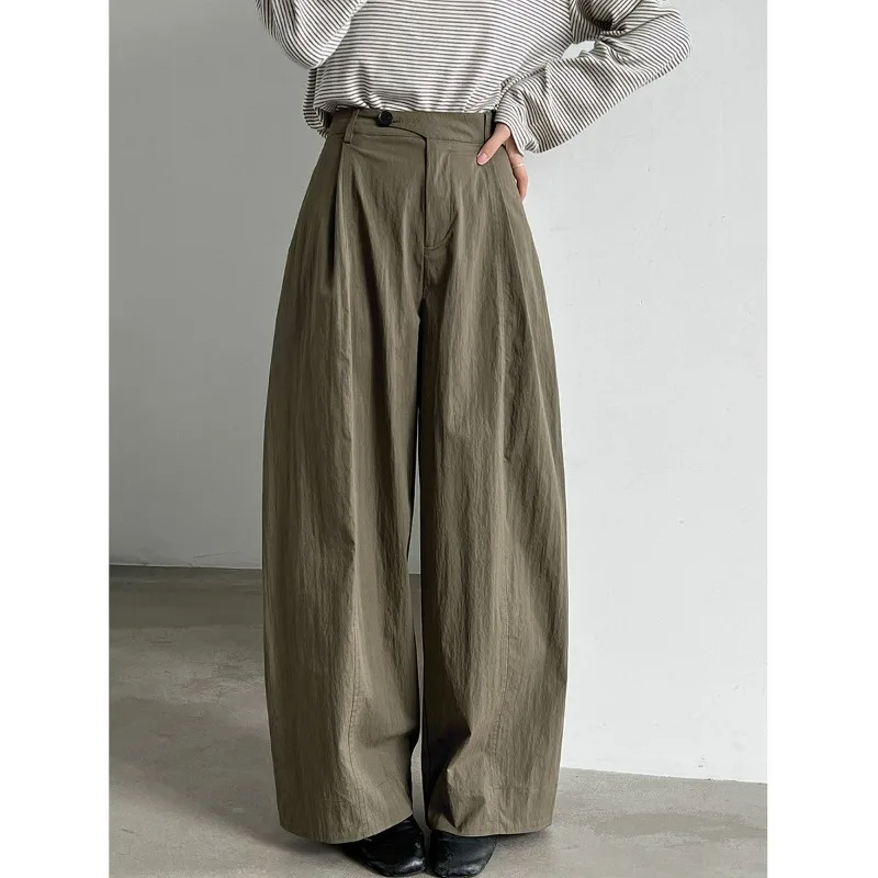 Korean-style Slanted Lapel Patchwork Pleated Wide-leg Pants for Women's Autumn New Casual and Versatile Straight-leg Pants 2026