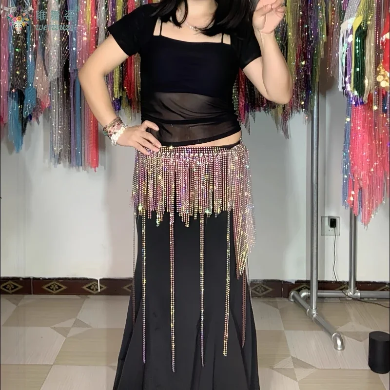 

Women Customized Senior AB Stones Tassel Hip Scarf Oriental Dance BellyDance Performance Belts Belly Dancing Costume