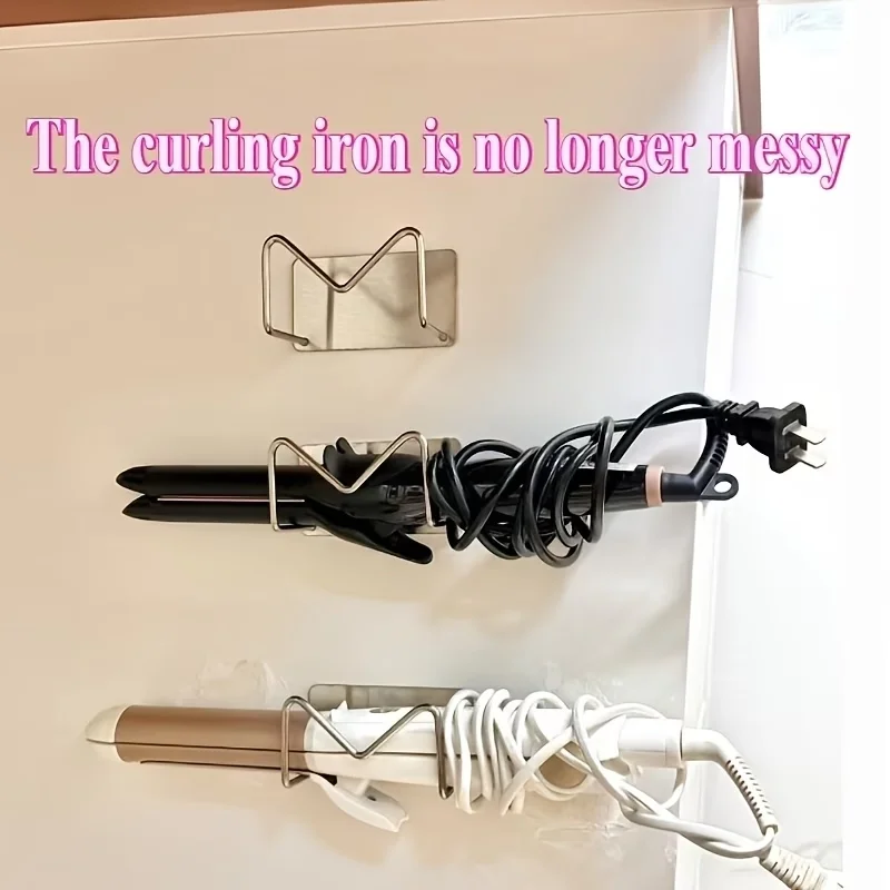 Punch-Free Wall Mount Hair Tool Holder, Stainless Steel Curling Iron Straightener Rack, Strong Adhesive Bathroom Storage Shelf