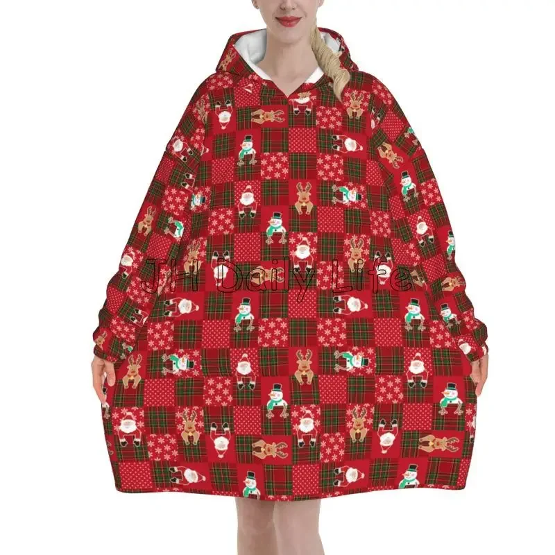 Merry Christmas Snowflake Deer Wearable Blanket Hoodie Snowman Santa Claus Oversized Sweatshirts Warm Cozy Fleece Sherpa Blanket