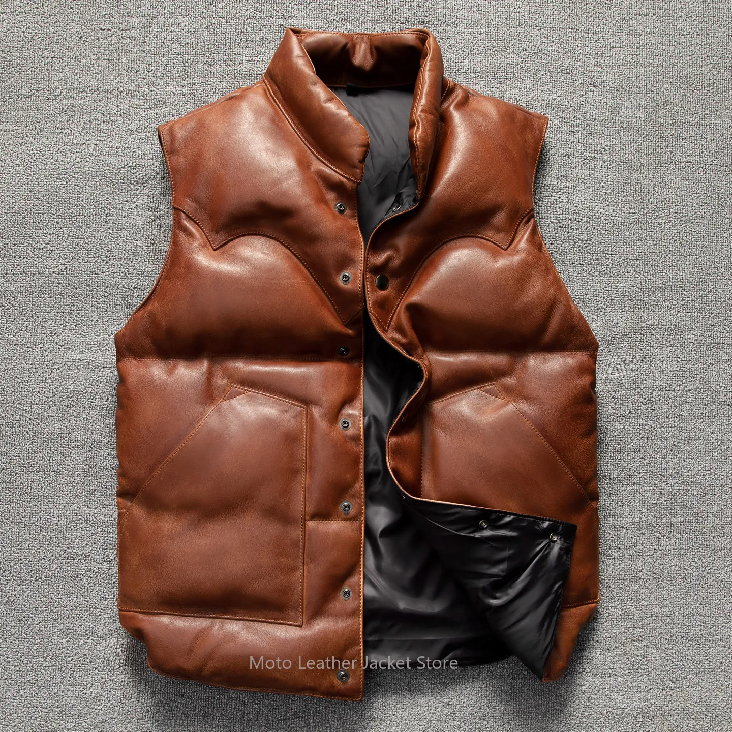 Hand Distressed Sheepskin Leather Down Vest 240g Thick Men Warm Stand Collar Sleeveless Winter Genuine Leather Waistcoat