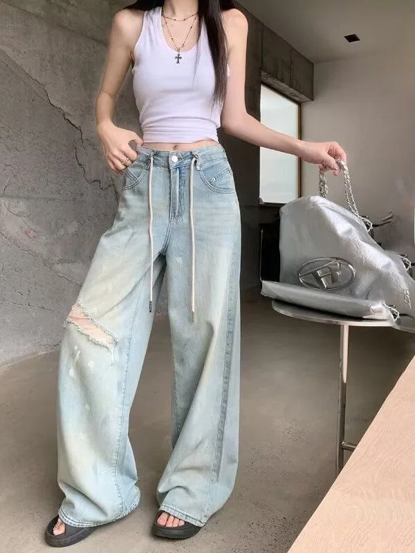 

Retro American Distressed Denim Jeans Women's Summer New High Waist Loose Slimming Straight Leg Wide Leg Long Pants