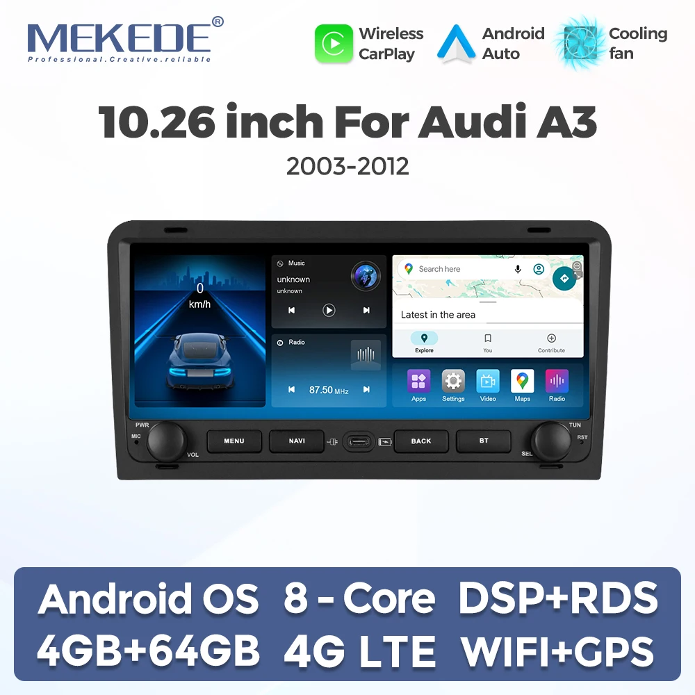 10.26 Inch Wireless Carplay Android Auto Car Radio Stereo for Audi A3 2003-2012 Multimedia Video Player GPS WIFI FM Autoradio BT