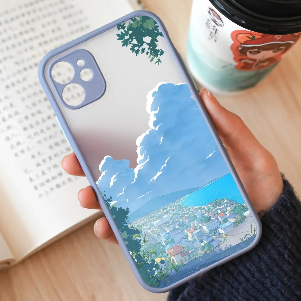 Cartoon Landscape Phone Case For iPhone 16 13 15 11 12 14 Pro Max 13Mini 15 Plus SE X XR Matte Clear Scenery Covers Fundas Skin