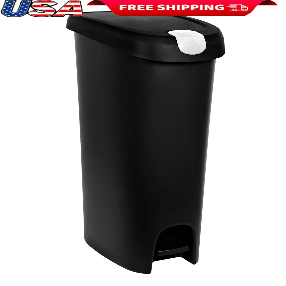 

Slim Step-On Trash Can 12 Gallon Lockable Kitchen Waste Bin Plastic Easy Hands-Free Disposal Indoor Use